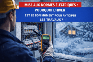 Électricien contrôlant un tableau électrique en hiver lors d’une mise aux normes